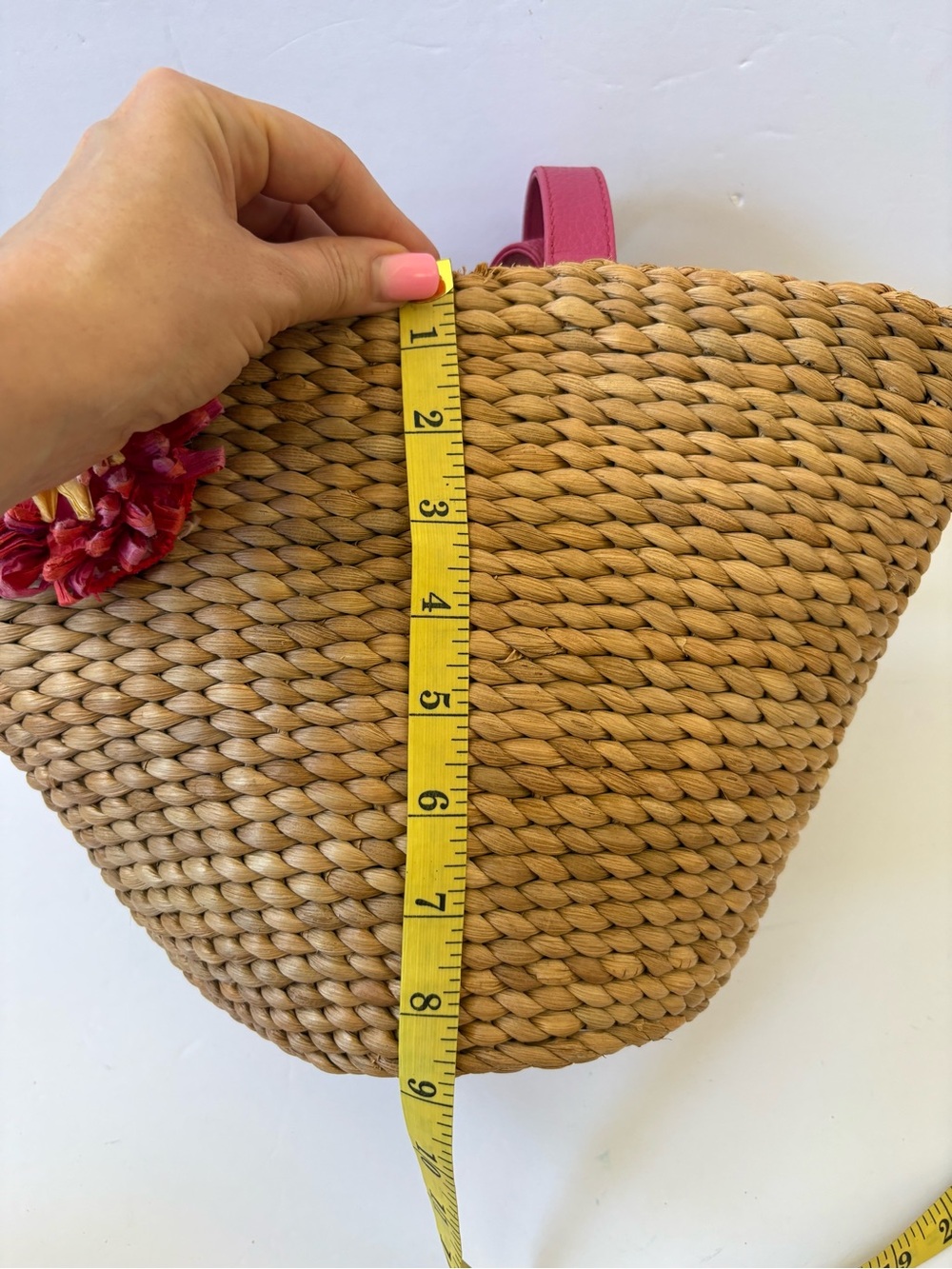 Woven Straw Bag Purse Pink Floral Appliqué Strap Zip Resort Cruise Coastal Beach - Picture 8 of 9